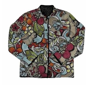 Chico's sz 3 L floral reversible quilted buttondown collarless jacket